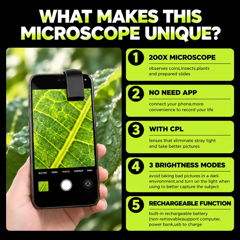 200X Zoom Clip-On Smartphone Microscope Lens, HD Magnification Mobile Phone Camera Accessory for Kids, No App Required, Portable for Plants, Coins, Jewelry