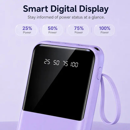 10000Mah Power Bank, 20W Portable Charger with 4 Built-In Cables, Digital Display & LED Flashlight for Smartphone, Iphone, Android & More