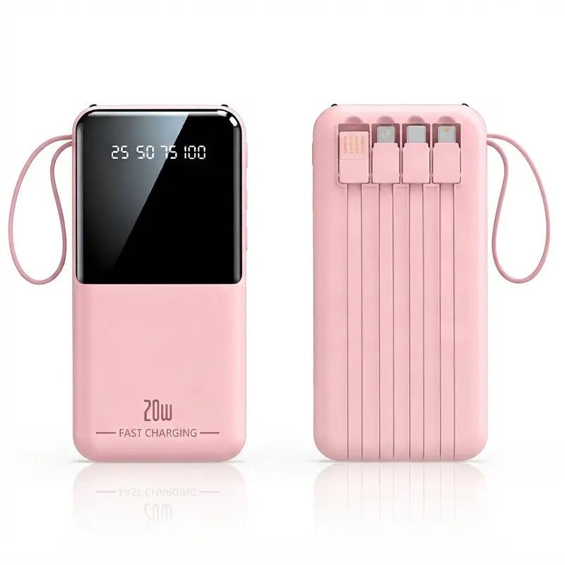 10000Mah Power Bank, 20W Portable Charger with 4 Built-In Cables, Digital Display & LED Flashlight for Smartphone, Iphone, Android & More
