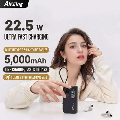 AikEing 5000mAh Mini Power Bank – 22.5W Fast Charging, 4 Built-in Cables & Digital Display