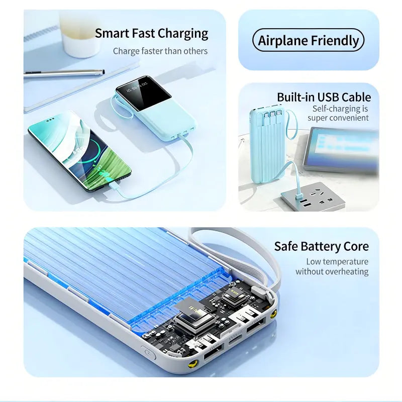 10000Mah Power Bank, 20W Portable Charger with 4 Built-In Cables, Digital Display & LED Flashlight for Smartphone, Iphone, Android & More