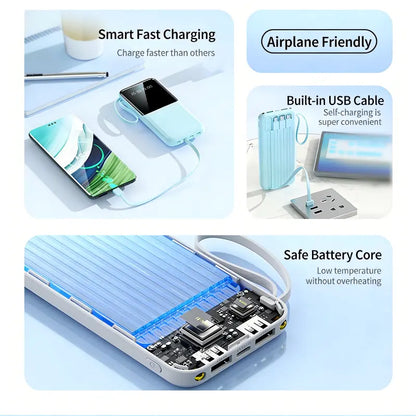10000Mah Power Bank, 20W Portable Charger with 4 Built-In Cables, Digital Display & LED Flashlight for Smartphone, Iphone, Android & More