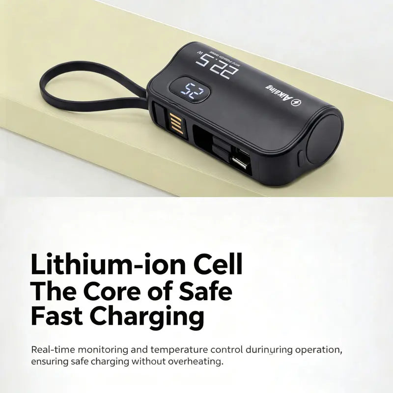 AikEing 5000mAh Mini Power Bank – 22.5W Fast Charging, 4 Built-in Cables & Digital Display