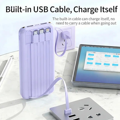 10000Mah Power Bank, 20W Portable Charger with 4 Built-In Cables, Digital Display & LED Flashlight for Smartphone, Iphone, Android & More