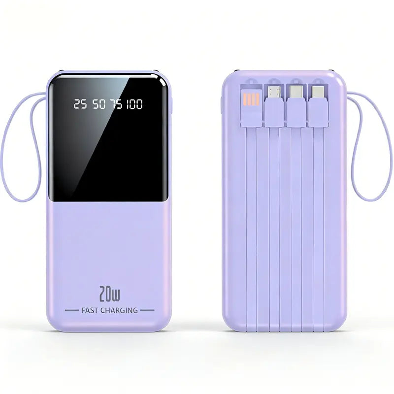 10000Mah Power Bank, 20W Portable Charger with 4 Built-In Cables, Digital Display & LED Flashlight for Smartphone, Iphone, Android & More