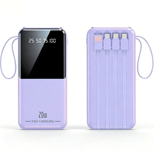 10000Mah Power Bank, 20W Portable Charger with 4 Built-In Cables, Digital Display & LED Flashlight for Smartphone, Iphone, Android & More