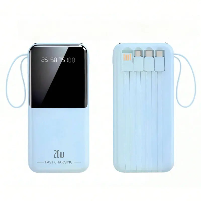 10000Mah Power Bank, 20W Portable Charger with 4 Built-In Cables, Digital Display & LED Flashlight for Smartphone, Iphone, Android & More