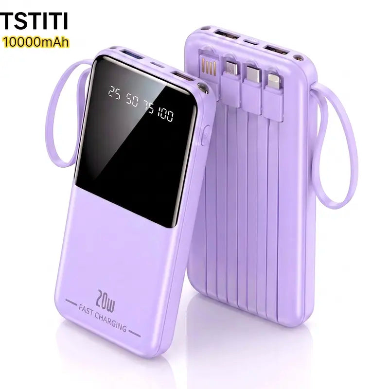 10000Mah Power Bank, 20W Portable Charger with 4 Built-In Cables, Digital Display & LED Flashlight for Smartphone, Iphone, Android & More