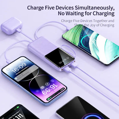 10000Mah Power Bank, 20W Portable Charger with 4 Built-In Cables, Digital Display & LED Flashlight for Smartphone, Iphone, Android & More