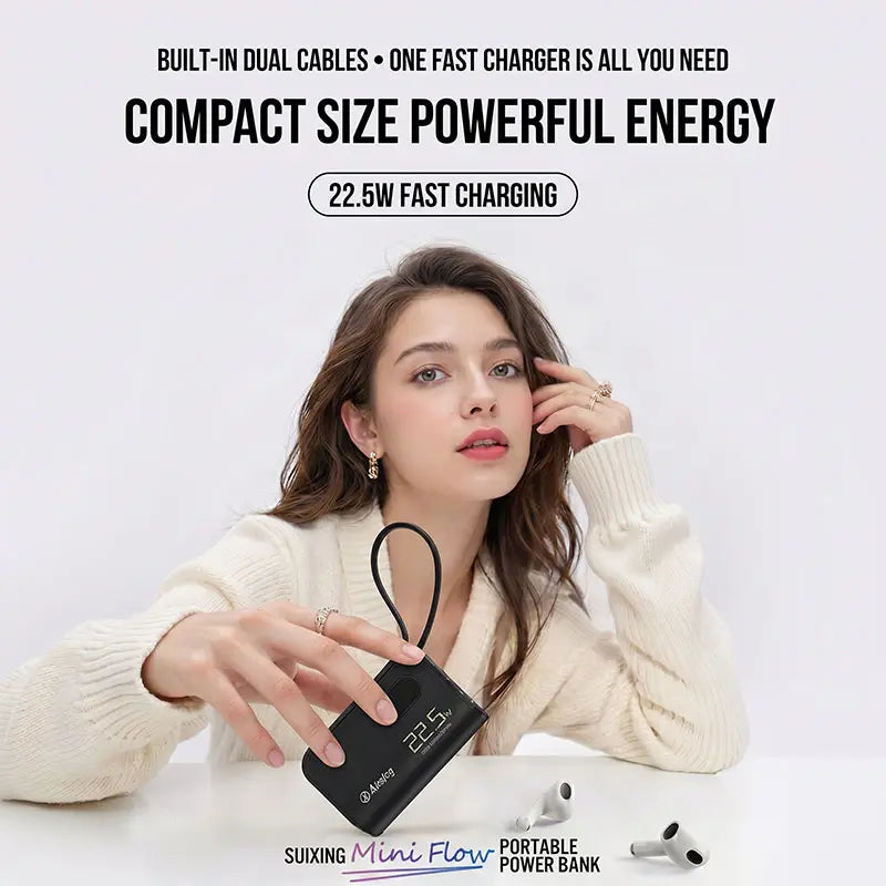 AikEing 5000mAh Mini Power Bank – 22.5W Fast Charging, 4 Built-in Cables & Digital Display