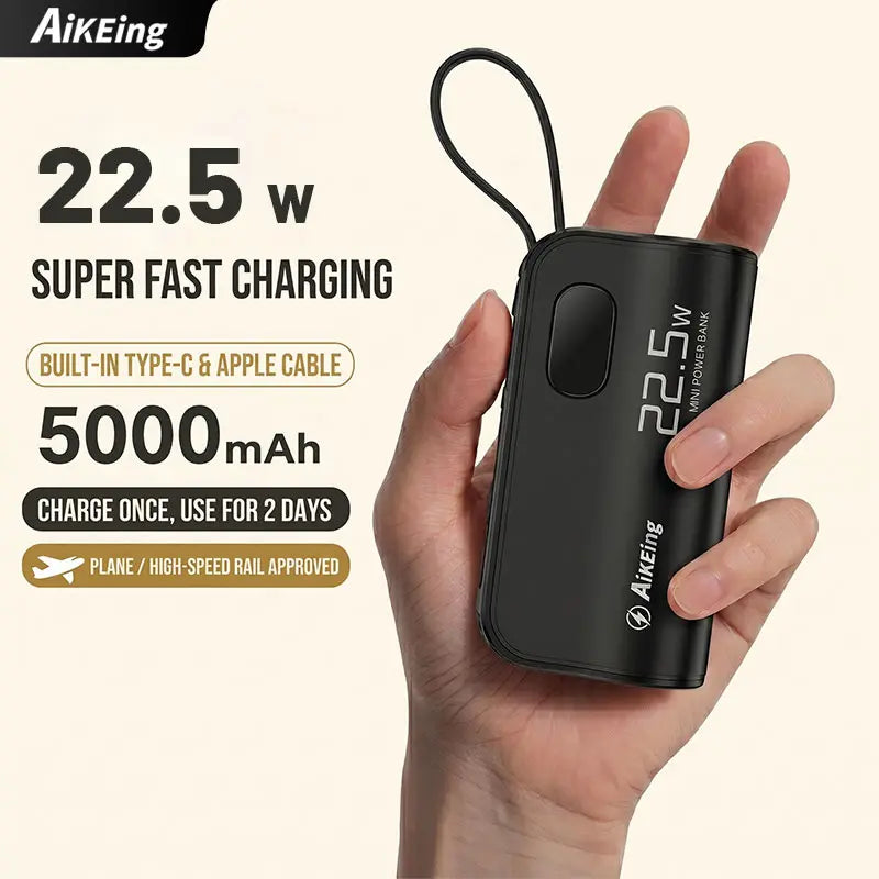 AikEing 5000mAh Mini Power Bank – 22.5W Fast Charging, 4 Built-in Cables & Digital Display