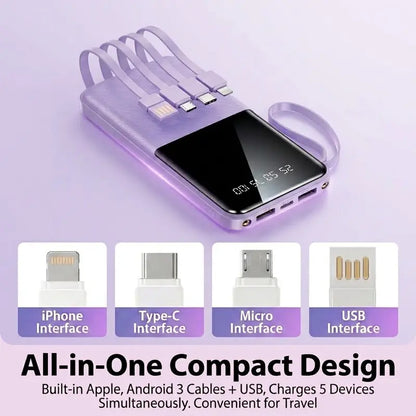 10000Mah Power Bank, 20W Portable Charger with 4 Built-In Cables, Digital Display & LED Flashlight for Smartphone, Iphone, Android & More
