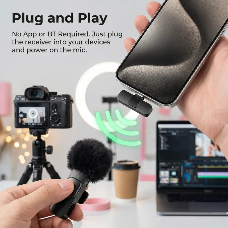 HITOZON Mini Wireless Lavalier Microphone 2 Pcs Set for Iphone/Android Smartphones, USB-C Lapel Mic with ABS, Clip, USB Cable, 1-Touch Recording, Mute, Plug & Record Fast, Camera-Compatible Plug-And-Play Vlogging Equipment