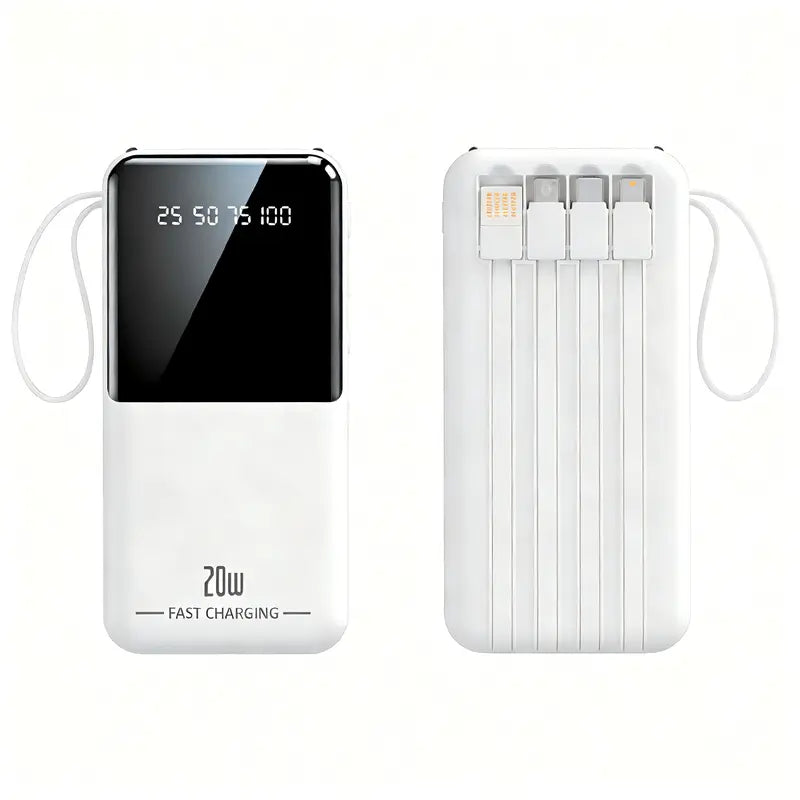 10000Mah Power Bank, 20W Portable Charger with 4 Built-In Cables, Digital Display & LED Flashlight for Smartphone, Iphone, Android & More