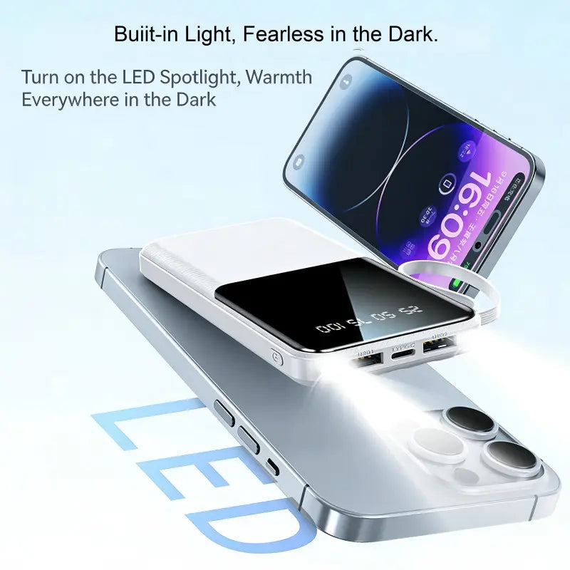 10000Mah Power Bank, 20W Portable Charger with 4 Built-In Cables, Digital Display & LED Flashlight for Smartphone, Iphone, Android & More