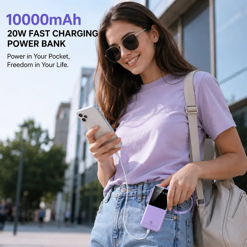 10000Mah Power Bank, 20W Portable Charger with 4 Built-In Cables, Digital Display & LED Flashlight for Smartphone, Iphone, Android & More