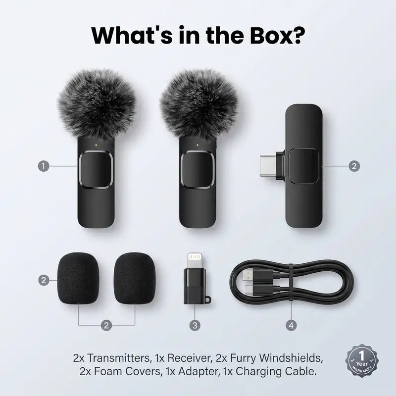 HITOZON Mini Wireless Lavalier Microphone 2 Pcs Set for Iphone/Android Smartphones, USB-C Lapel Mic with ABS, Clip, USB Cable, 1-Touch Recording, Mute, Plug & Record Fast, Camera-Compatible Plug-And-Play Vlogging Equipment