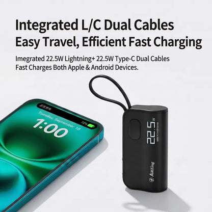 AikEing 5000mAh Mini Power Bank – 22.5W Fast Charging, 4 Built-in Cables & Digital Display