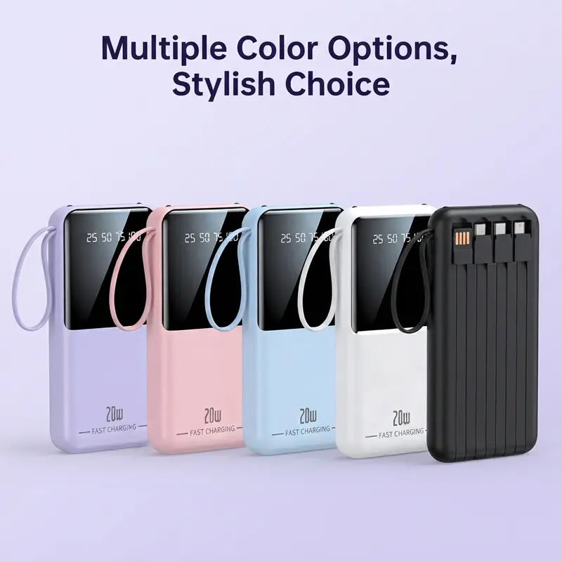 10000Mah Power Bank, 20W Portable Charger with 4 Built-In Cables, Digital Display & LED Flashlight for Smartphone, Iphone, Android & More